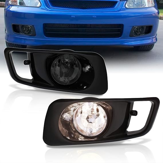 AJP Distributors Fog Lights Lamps Pair + Wiring Switch For 1999 2000 99 00 Civic JDM EK EM1 Sedan Coupe Hatchback (Black Bezel + Smoke Lens)