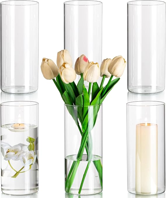 Glasseam Clear Cylinder Vase Set of 6, Modern Glass Centerpiece Vases for Flowes and Floating Candle, Decorative Hurricane Candle Holders for Pillar Candles Wedding Table Decorations, 8in