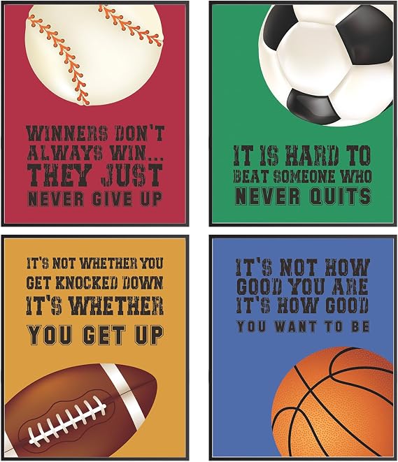 Sports Motivational Wall Art - Basketball, Football, Baseball, Soccer Posters - Positive Quotes for Boy Bedroom, Playroom, Classroom Decor