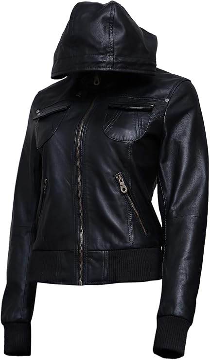 Artistry Leather Womens Genuine Lambskin Leather Motorcycle Jacket with Removable Hood Black - Hooded bomber jacket