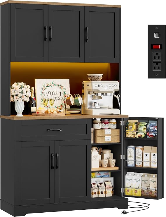 71'' Tall LED Kitchen Pantry Cabinet with Power Outlet & Door Racks, Black