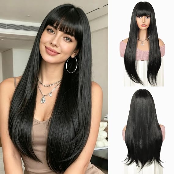 QUEENTAS 24" Straight Glueless Synthetic Wig for Women with Bangs Black #1B