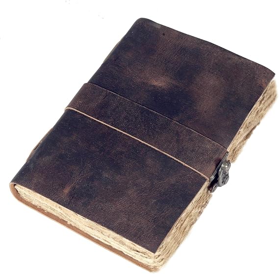 HLC Leather Vintage Journal, 200 Pages of Deckle Edges Handmade Paper Diary for Men & Women, Vintage Lock Closure Rustic Brown Leather Gifts with Pen Holder (6" X 4" inch)