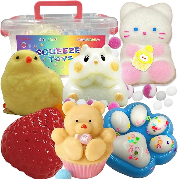 Big Taba Squishy 6Pack Strawberry Chick Milk Bottle Cat Kawaii Squishy Set | Mega box: Hamster/Strawberry/Cookie/Paw/Chick/Milk Cat. Fidget for stress/anxiety. Kids/adults/birthdays/parties/classrooms.
