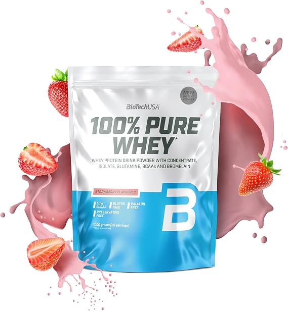 BioTechUSA 100% Pure Whey | Protein Powder with BCAA and Glutamine | Gluten-Free, Palm Oil Free | 21g Protein per Serving, 1 kg, Strawberry