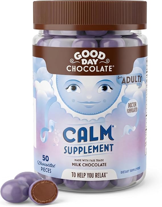 Good Day Chocolate Natural Calming Supplement for Adults, Blend of Camomile, Theanine, Magnesium, Fair Trade and Non-GMO Chocolate, 50 Pieces