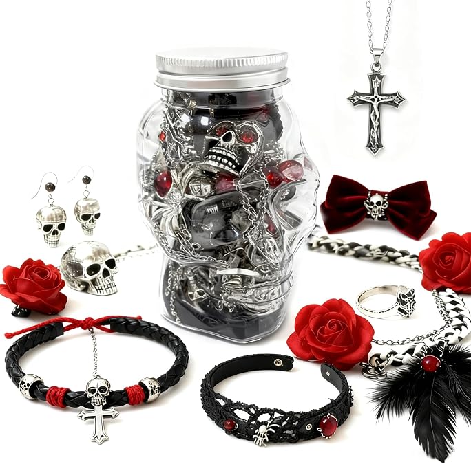 Gothic Jewelry Set with Skull Jar, 30-35 Pieces, Vampire Rings Necklaces Earrings, Halloween Party Accessories, Red & Black