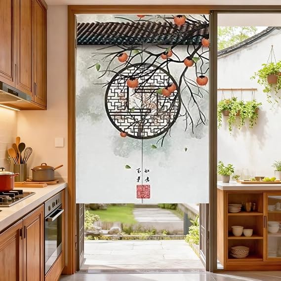 MYRU Chinese Bedroom Partition Noren Japanese Doorway Half Feng Shui Curtain (Fruit, 33 x 55 Inch)