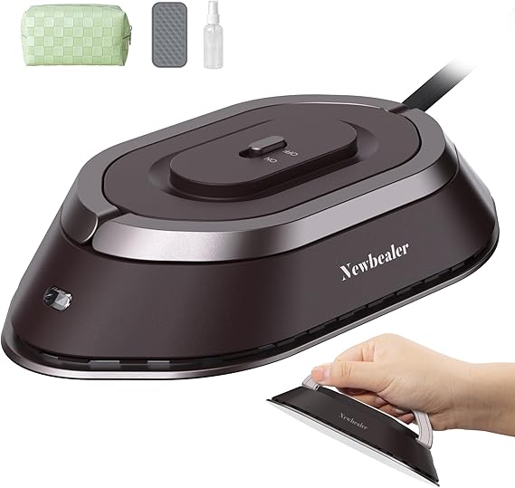 Newbealer Travel Iron Set, 100-240V Mini Dry Iron for Clothes (No Steam) | Max 300W, Heats in 60s, 302F Ceramic Soleplate, Handy Heat Press, 0.8lbs Lightweight for Quick Touch-ups Worldwide (Brown)
