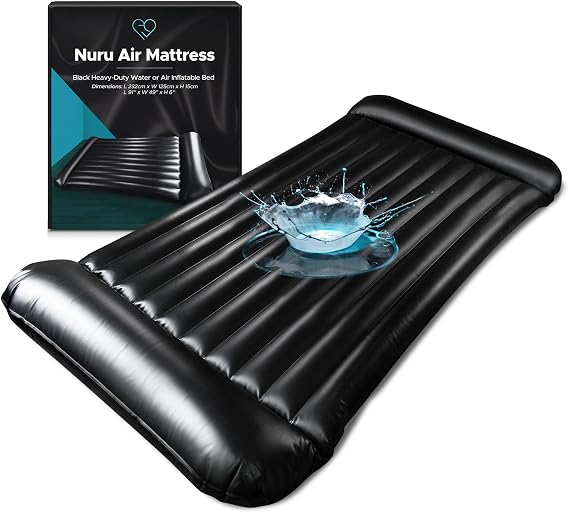 Inflatable Nuru Massage Air Mattress 232x125x15cm, Standalone Bed, Black | Black waterproof vinyl air mattress with raised borders. Supports 200 kg. For floor or bed use. Pump not included