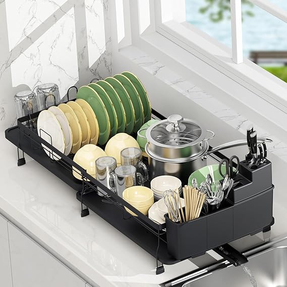 Rottogoon Expandable Dish Drying Rack Multifunctional Adjustable Dish Drainer with Swivel Spout and Anti-Rust Dish Rack with Removable Cutlery Cup Holders for Kitchen Counter Black