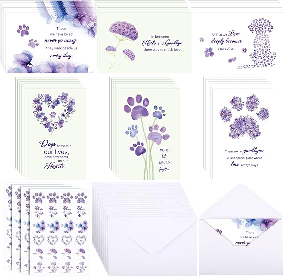 Geyoga 36 Sets Pet Sympathy Cards for Dogs Cats with Envelopes and Stickers, Loss of Dog Condolence Cards Bulk, Thoughtful Bereavement Sympathy Gifts for Loss of Beloved Pet (Melancholy Purple)