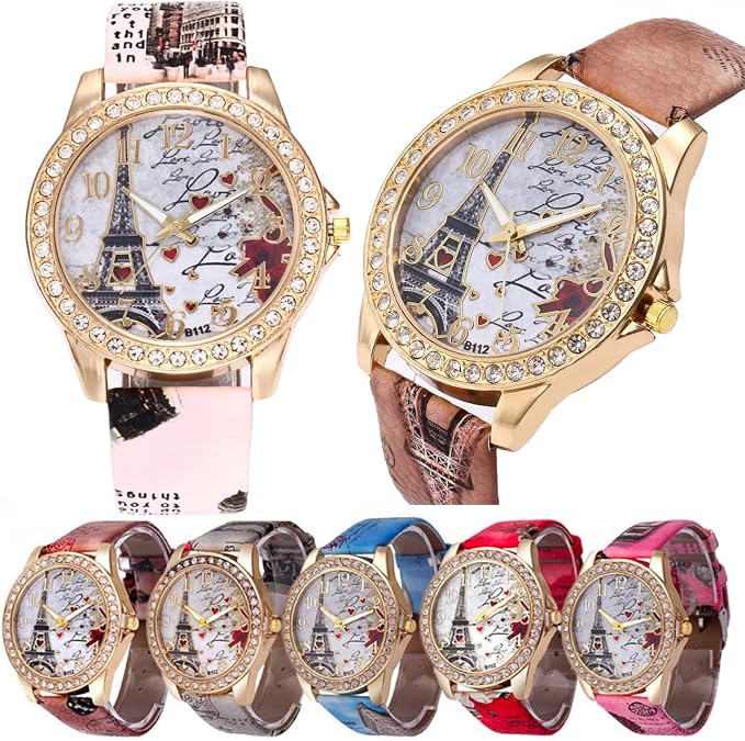 Wholesale PU Leather Strap Watch 6 Pack Mother Day Gift Bling Rhinestone Accented Eiffel Tower Ladies Women Watches