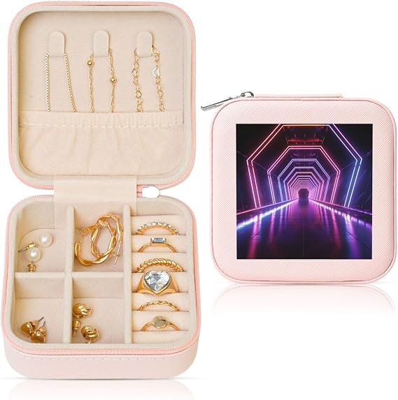 Travel Jewelry Box Leather Small Jewelry Organizer for Women,Portable Jewelry Case Neon Lights Tunnel Display Storage Holder Boxes Mini Travel Case for Necklace Rings