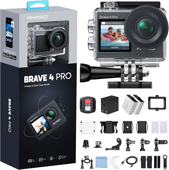 AKASO Action Camera, 4K, 20MP Resolution, Touch Panel Type, Dual Color Screen, 144.4 ft 40 m Waterproof, Underwater Camera, Image Stabilization, External Microphone, Built-in WiFi, HDMI Output, 5x Zoom, Remote Control, Includes 2 x 1350 mAh Batteries, 170 Degree Wide Angle, Wearable Camera, Many Accessories