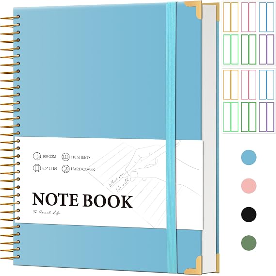 Large Hardcover Spiral Notebook College Ruled 8.5 X 11 with Stickers, Blue