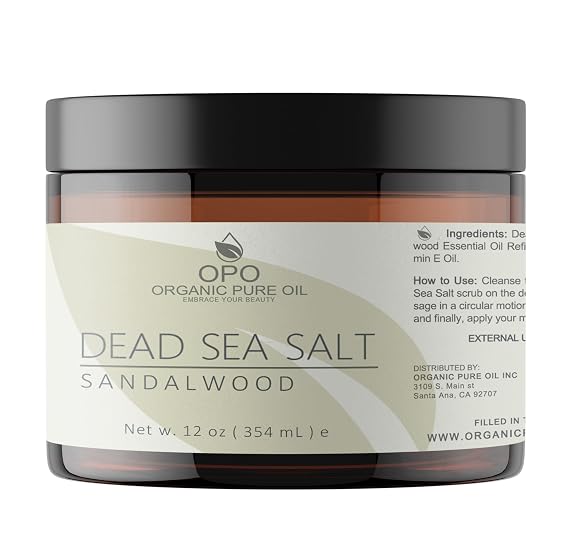 Pure and Natural Dead Sea Salt Scrub | Hydrating and Moisturizing | Gently Exfoliates Face Body Feet & Hands with Soothing Jojoba Oil and Vitamin E by Organic Pure Oil (Sandalwood, 12 oz)