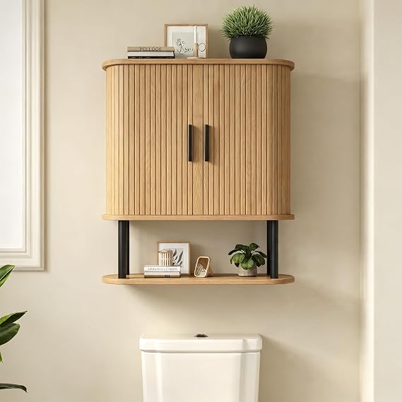 Fluted Bathroom Wall Cabinet with Tambour Sliding Door, Natural