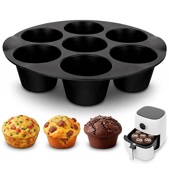 Silicone Muffin Pan, Non-Stick Cupcake Mold for Air Fryer, 7 Cups | Flexible Dessert Baking Accessory Holds Egg Bites, Chocolate, and Quiche - Bends Easily in Your Hands to Pop Out Each Portion