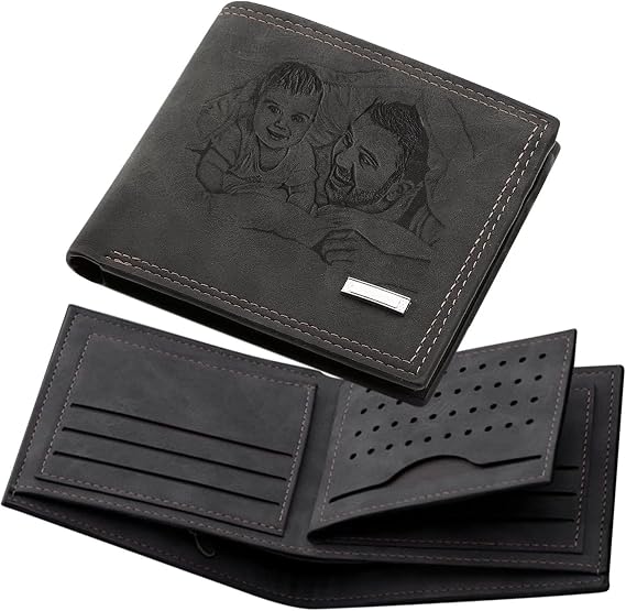 Personalisierte Foto Brieftasche HerrenKurze Herren Geldbörse Personalisierte gravierte Bifold Wallet Foto-Geldbörse Personalisiert Vatertag Geschenk für Männer (Schwarz)