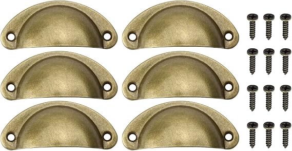 6 pcs Cabinet Cup Pull Handle, Drawer Shell Pull Handles, Vintage Antique Kitchen Cupboard Pulls Furniture Knob with Screws Suitable, for Cabinet, Drawers, Accessories (Yellow Bronze)