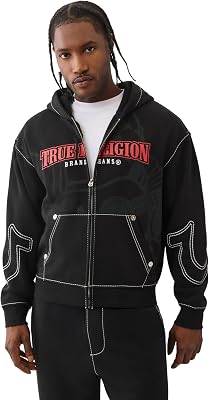 True Religion Mens Cinched Big T Zip UP Hoodie Full Zip Sweatshirt with Contrast Stitching