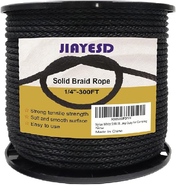 Black Solid Braid Rope 1/4 Inch 300 FT, Industrial Grade Polyester Braided Cord, Multi-Purpose for Outdoor for Camping