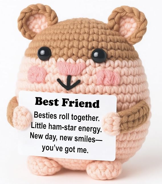 Mini Crochet Hamster Plush with Positive Card, Handmade 4, Kawaii Locker Desk Decor, Ham-Star Cheer, Year-Round