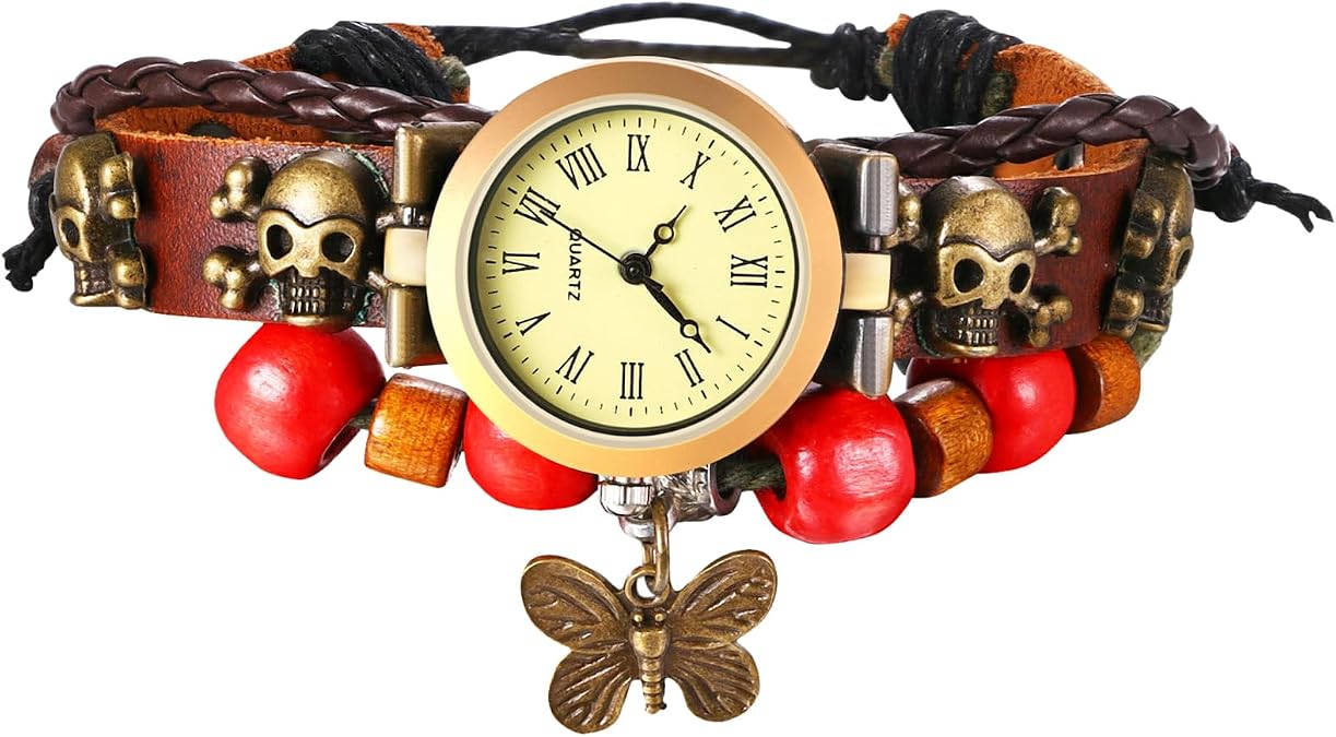 JewelryWe Women Leather Wrap Watch Boho Bracelet Quartz Brown