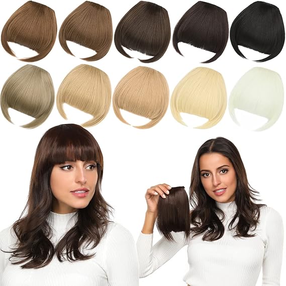 Rose bud Bangs Hair Clip in Bangs Hair Extensions Synthetic Flat Bang with Temples Front Face Fringe Bangs Hair Pieces Chocolate Brown