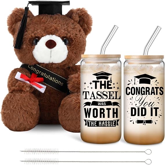 2026 Graduation Graduation Stuffed Bear and 16oz Glass Cups Class of 2026 Congrats Grad Gifts Basket Set College Senior High New Job Congratulations(Black)