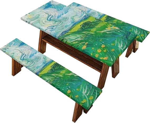 Landscape Oil Painting Picnic Table Cover with Bench Covers Camping Essentials with Elastic Rectangle Tablecloths Fitted Tablecloth for Tables Fitted Rectangle Tables and Seats Size S