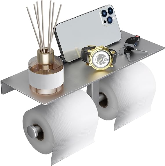 Danpoo Bathroom Toilet Paper Holder with Shelf, Wall Mount, Double Roll, Silver