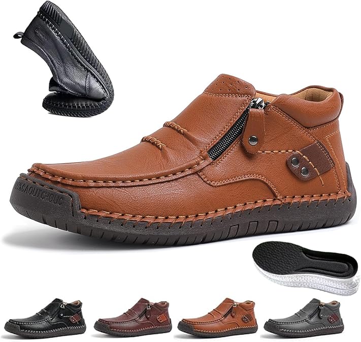 Men Handmade Premium Leather Slip-On Driving Boots, Lightweight Comfortable Waterproof Non-Slip Side Zip Slip-On Wide Toe Flats Boots