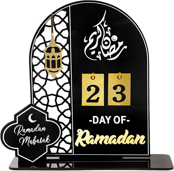 Black Acrylic Countdown Advent Calendar 31 Days Til Eid' Lantern Design, Eid Mubarak Ornament for Ramadan Kareem Tabletop Decorations