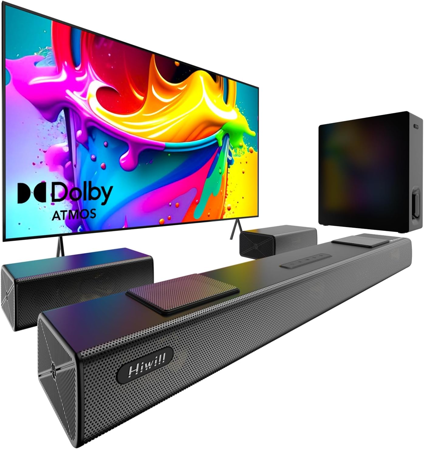 Hiwill 5.1.2CH Dolby Atmos Soundbar Surround Sound System for TV Soundbar for TVs with 6.5 Inch Subwoofer 2 Rear Surround Speakers 2 Upward Radiating Drivers
