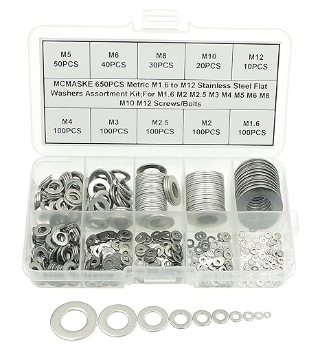 Metric M1.6 to M12 Flat Washers Assortment Kit,304 Stainless Steel,for M1.6 M2 M2.5 M3 M4 M5 M6 M8 M10 M12 Screws/Bolts