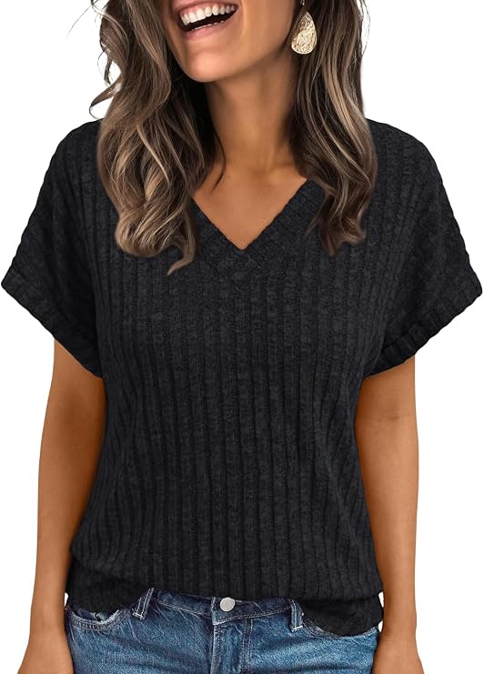 AUTOMET Womens Short Sleeve V Neck Cute Tops 2026 Fall Fashion Sweaters