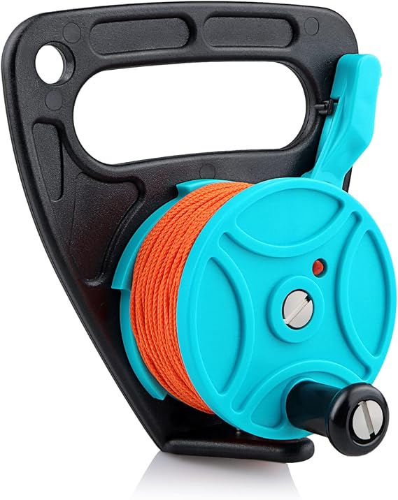 Scuba Dive Reel with Thumb Stopper and 150ft Line Blue | High-Visibility Retractable Line Finger Spool with Stop Switch for Cave Wreck Diving Kayaking Anchor and Spearfishing