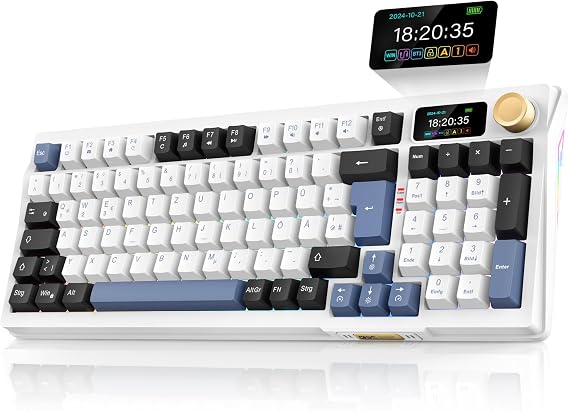 RedThunder K95 Wireless Mechanical Gaming Keyboard with 1.88 Inch Display & Button QWERTZ 96 Keys Gasket BT/USB-C/2.4GHz Software Hot-swap Linear Pink Switch RGB 8000mAh (Blue/White)