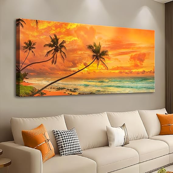 Large Canvas Prints Wall Art, Beach Sunset Painting for Living Room, Ocean Waves Nature Seascape Pictures, Framed Artwork for Bedroom Bathroom Home Office Decoration 20x40 Inches