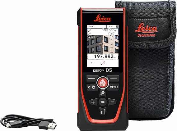 Leica Disto D5 - Range 650ft, Bluetooth, Smart Horizontal, Add/Subtract, Volume, Outdoor Camera viewfinder with 4X Zoom, Intelligent end-piece, Hand Loop, Pouch. | Camera viewfinder, 4X zoom, Smart Horizontal, intelligent end piece
