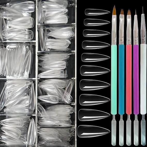 505PCS Acrylic Nail Brushes with False Nail Tips, Dual Head Gel Brush Acrylic UV Gel Picker Brush 3D Nail Acrylic Brush Fake Nail Tips Press on Nail Stiletto Nail for Dip Powder Extension Nails (C)