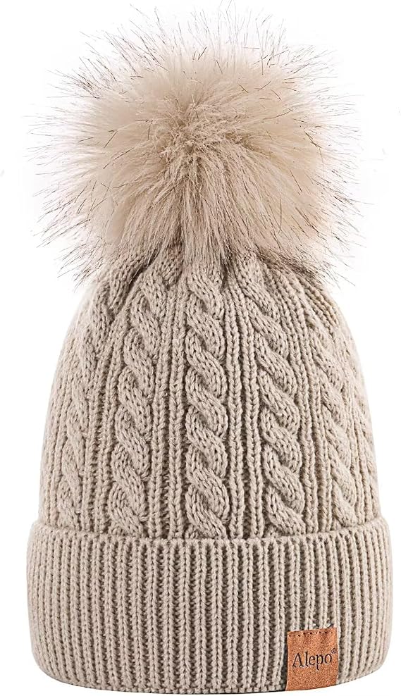 Alepo Womens Winter Beanie Hat, Warm Fleece Lined Knitted Soft Ski Cuff Cap with Pom Pom
