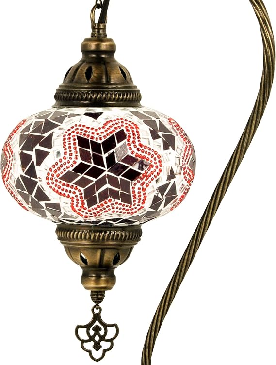 5 Variation Turkish Lamp Mosaic Table Lamps | Turkish Moroccan Lamp with Bronze Base | Handmade Swan Neck Tiffany Night Lamp | Mosaic Glass Bedside Night Lamp with Led Bulb (Red) [Energy Class A+]