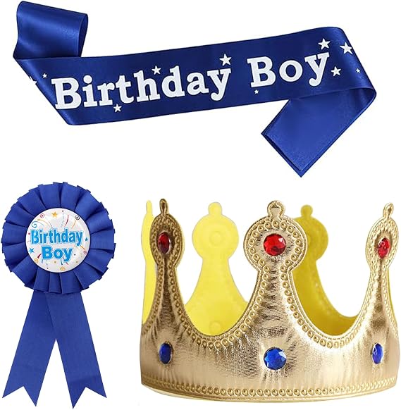 Birthday Boy Sash Pin Crown Hat for Boy, King Crown Party Set