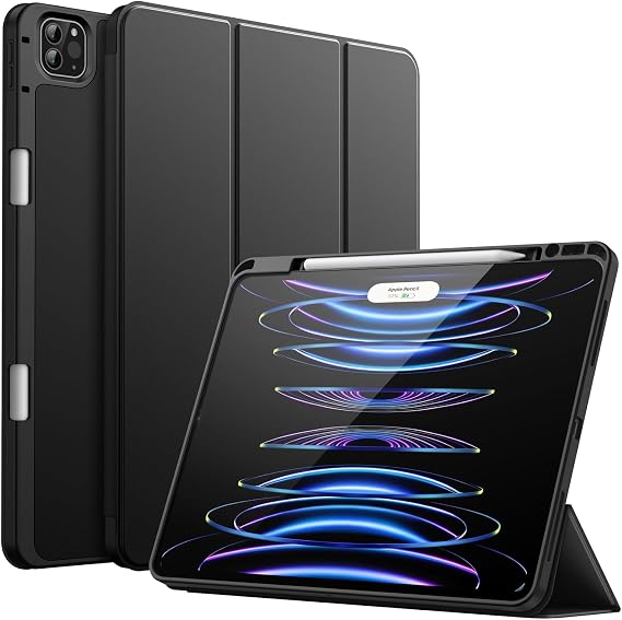 JETech Case for iPad Pro 12.9" 6th/5th Gen (2022/2021), Black | Cover Soft TPU Protection, Pencil Holder, Tri-Fold Stand, Pencil Charging Support, Shockproof Lightweight, Auto Wake/Sleep