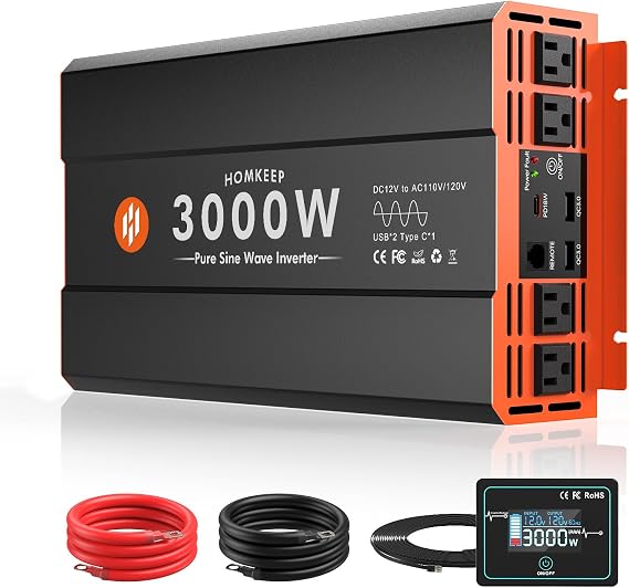 3000W Pure Sine Wave Power Inverter DC 12V to 110V Power Inverter, 6000W Peak Power for RV, Motorhome, Solar Power Inverter with 4 AC Outputs, 2 Ports