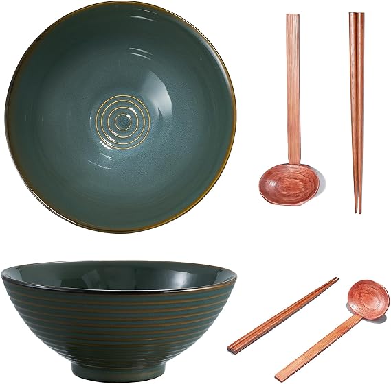 2 Sets 8 Inch Ceramic Ramen Bowl Set of 2, 40oz Japanese Bowls with Spoons & Chopsticks,Durable,Microwave & Dishwasher Safe,Perfect for Ramen,Pho,Salad,Soup,Noodles，Mixing Bowls（Cyan）