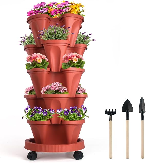 DUNCHATY Stackable Planters 5 Tier Vertical Garden Planting Tower Planters Strawberry, Herb, Flower, and Vegetable Planter Indoor Outdoor Gardening Pots with Removable Wheels and Tools, 2 Bundle